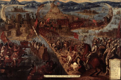Eroberung von Mexiko durch Cortés Tenochtitlán Gemälde Autor Anonym - Wikimedia Commons - Public Domain